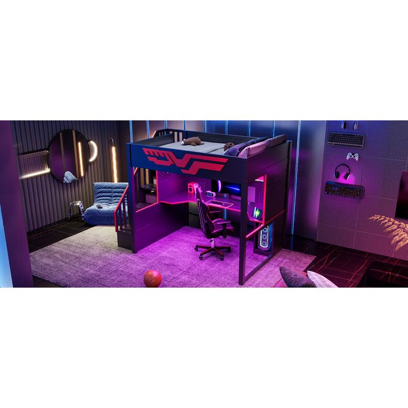 Roomfitters Full Size Gaming Loft Bed with Integrated Desk and Storage Stairs, Heavy Duty Metal Frame, Red and Black