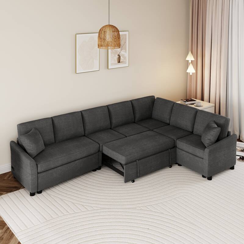 L-shaped Sofa Convertible Sofa Bed Pull Out Sofa Sleeper with Two Back Pillows, Two USB Ports and Two Power Sockets - Gray