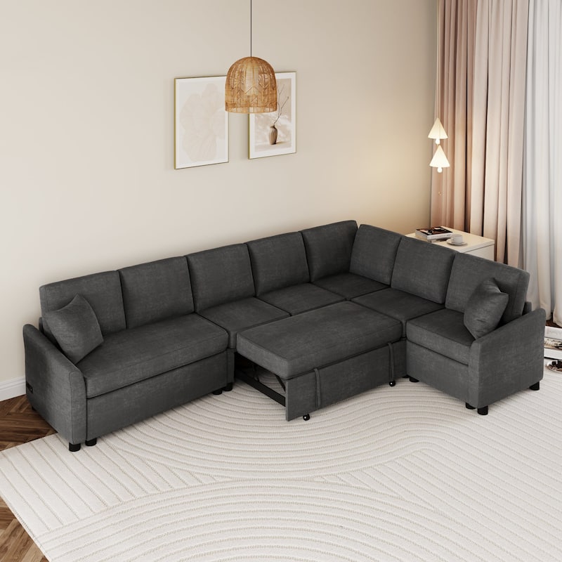 Roomfitters L-Shaped Convertible Pull-Out Sofa Bed with Two Back Pillows, USB Ports, and Power Sockets - Grey
