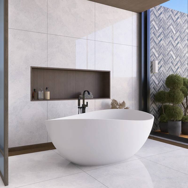 63 in. Solid Surface Freestanding Flatbottom Soaking Bathtub in White