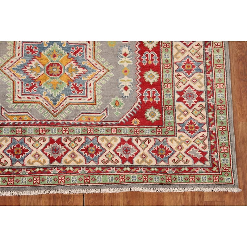 Gray Geometric Kazak Rug Hand-Knotted Oriental Wool Carpet - 5'1" x 6'9"