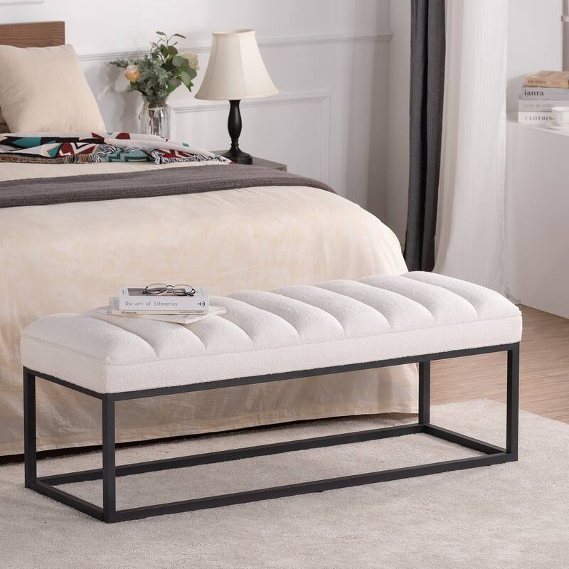 Metal Base Upholstered Bench Footstool for Entryway Living Room - White