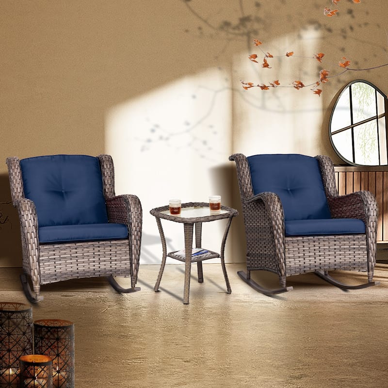 Cozywor 3-Piece Patio Wicker Outdoor Rocking Chair Set - Blue