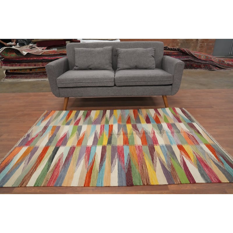 Hand Woven Oriental 100% Wool Carpet Southwestern Modern Multi-Colored Kilim Area Rug - 6' 0'' X 4' 3''