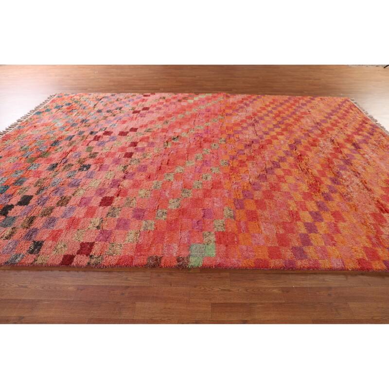 Coral Checkered Moroccan Area Rug Hand-Knotted Wool Carpet - 8'11" x 12'7"