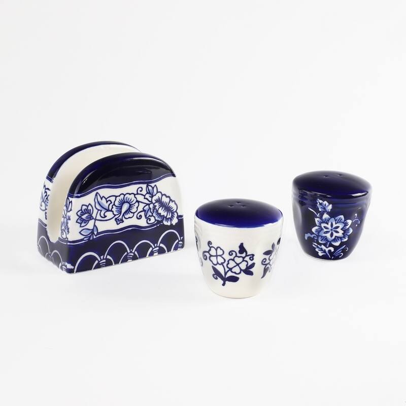 Euro Ceramica Blue Garden Table Accessory Set (Salt & Pepper Shakers & Napkin Holder) - 4.5 x 2.8 x 3.5 - Blue & White - 3 Piece