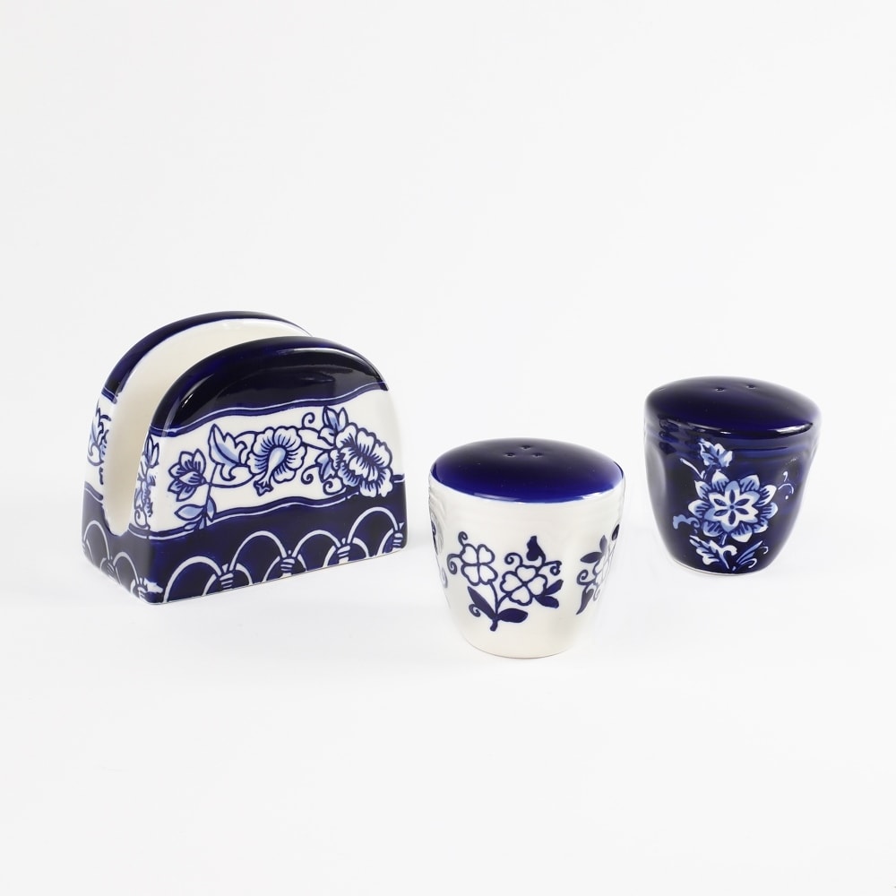 Euro Ceramica Blue Garden Table Accessory Set (Salt & Pepper Shakers & Napkin Holder) - 4.5 x 2.8 x 3.5