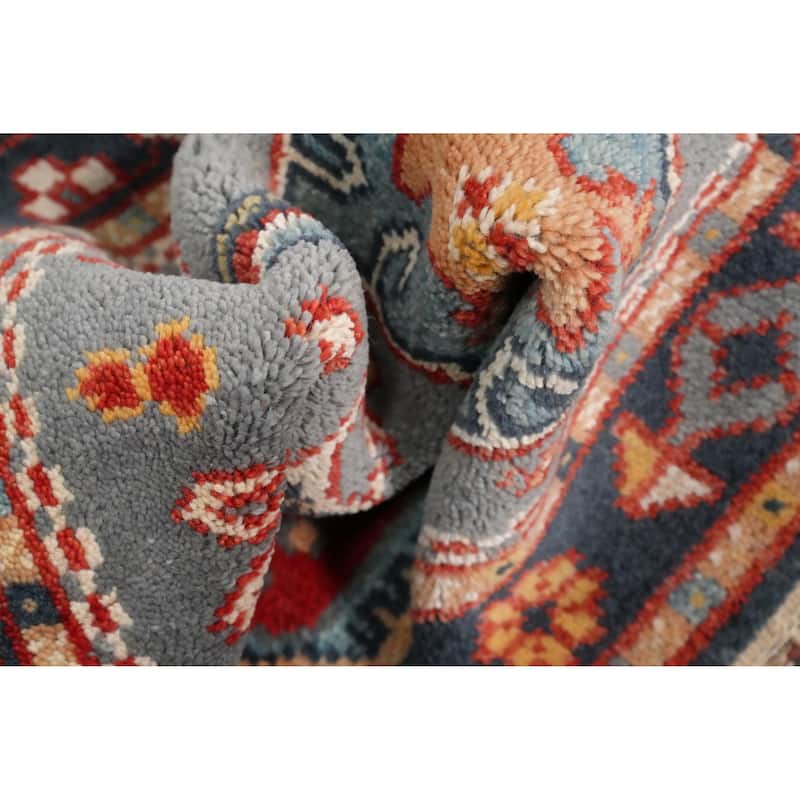 Hand Knotted Oriental 100% Wool Carpet Traditional Geometric Navy Blue & Blues Kazak Area Rug - 5' 1'' X 2' 11''