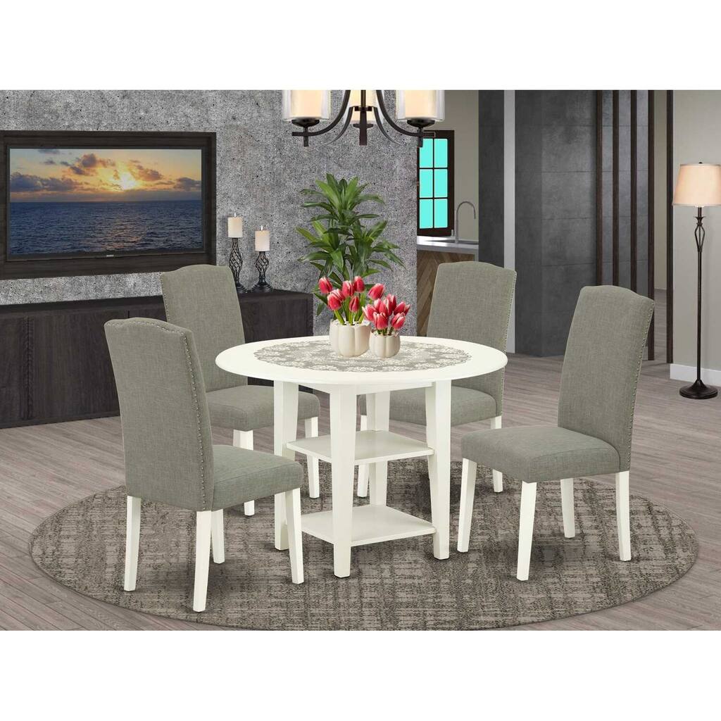HomeStock 5-Pc Linen White Finish Solid Wood Top-Round Dining Room Set with Dropleaf-Seats 4