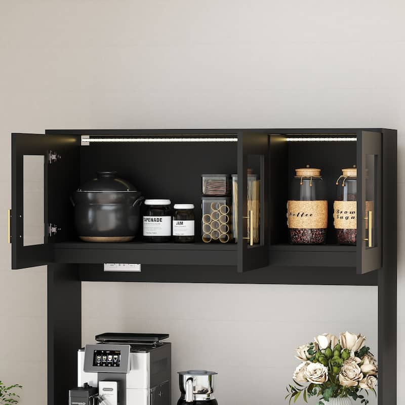 71'' Kitchen Pantry Cabinet with Hutch, Drawer & LED Light, Microwave Stand with Power Outlet for Dining Room or Kitchen