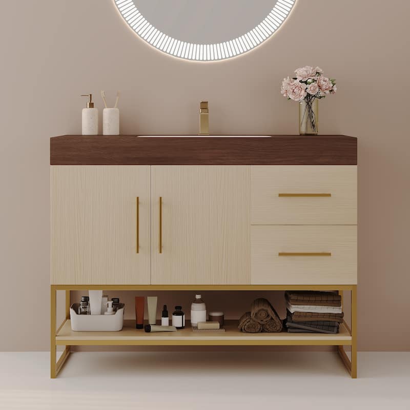 36" Modern Bathroom Vanity with Seamless Ceramic Sink & Gold Accent Free Standing Cabinet - Gold,Walnut,White,Wood