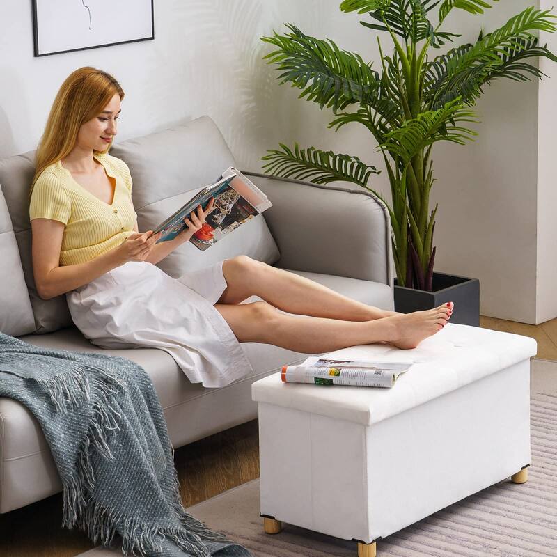 30 Inches Storage Ottoman Bench, Velvet Storage Bench, Folding Storage Chest, Footrest Couch with Wooden Legs, Support 350lbs