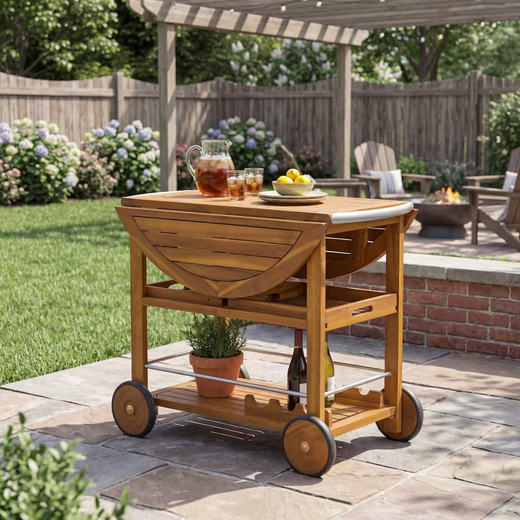 Christopher Knight Home - Teakline Outdoor Acacia Wood Bar Cart with Foldable Tabletop & Removable Trays