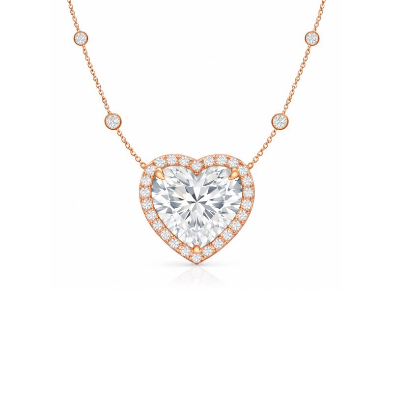Auriya 14K Gold Lab Grown Heart-shaped Diamond Halo Pendant with Bezel Necklace 1.00 to 5.00 ct. tw. (F-G VS) - Rose - 4.40ct. tw.