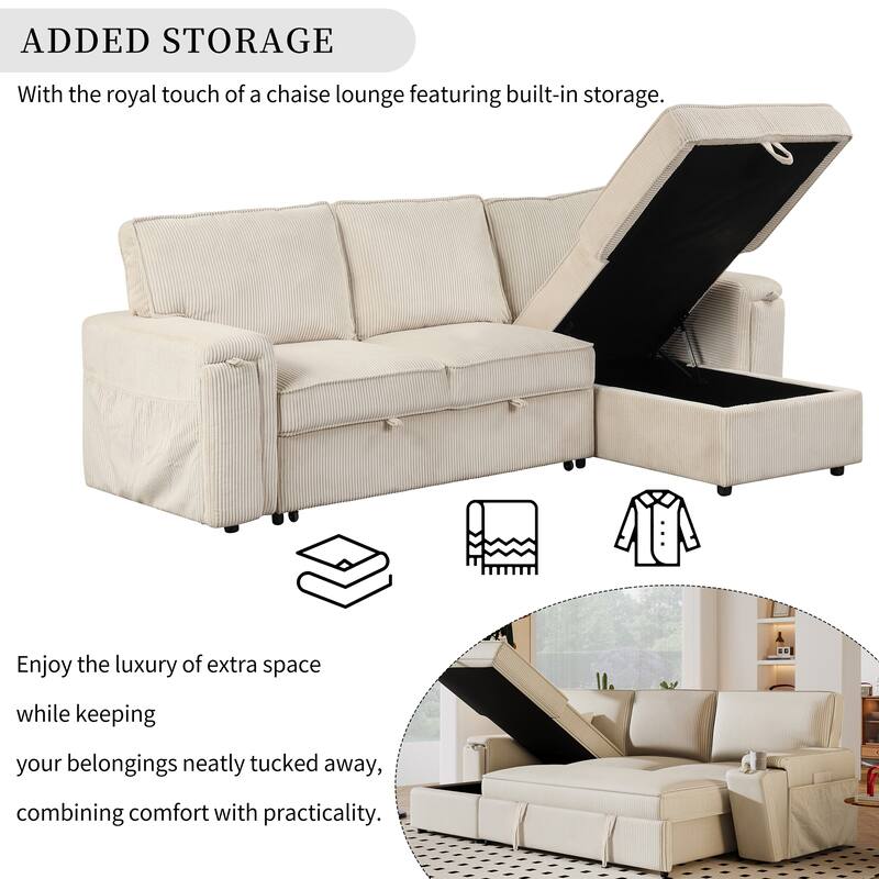 96.1" Polyester Sleeper Sectional Sofa with Storage Bags, Cup Holders and Fold-Out Twin Bed