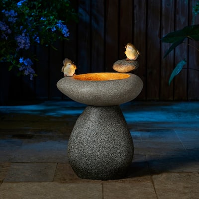 Glitzhome 21"H Zen-Style Faux Stone Birdbath Outdoor Fountain with Birds & LED Light