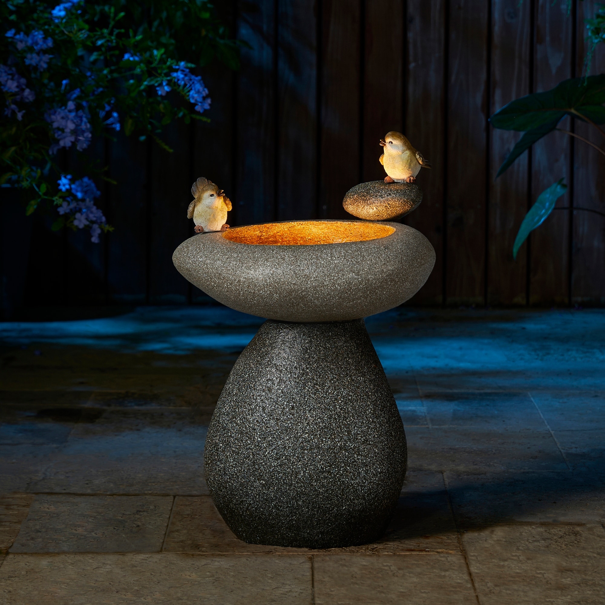 Glitzhome 24.5 inch Outdoor 2 tier Faux Pebbles Polyresin Birdbath Fountain with Pump Grey