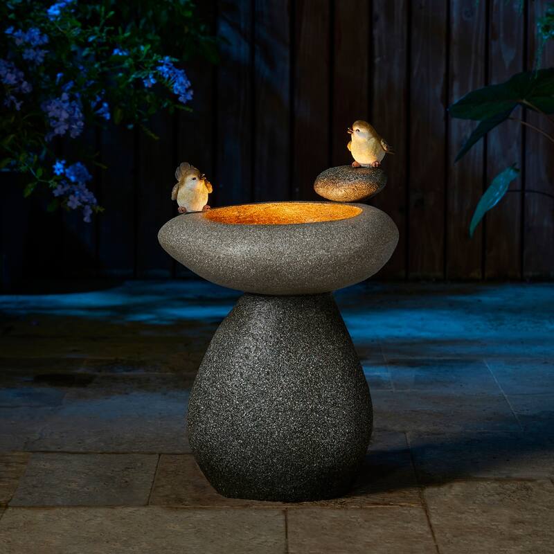 Glitzhome 24-inch Outdoor 2-tier Faux Pebbles Polyresin Birdbath Fountain with Pump