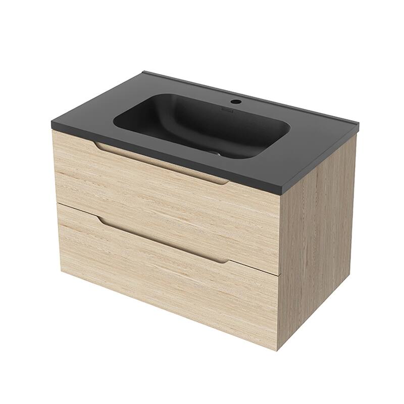Floating Bathroom Vanity in Evita Oak with Integrated Quartz Sand Top
