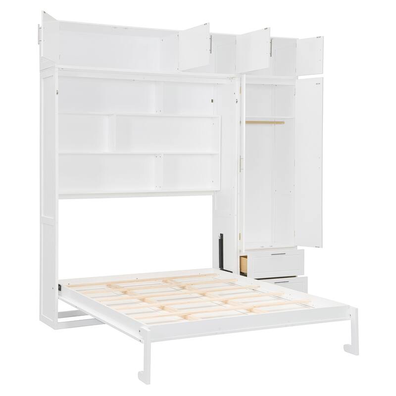 Queen Size Wall Murphy Bed with Top Cabinet, Shelves, and Side Wardrobe