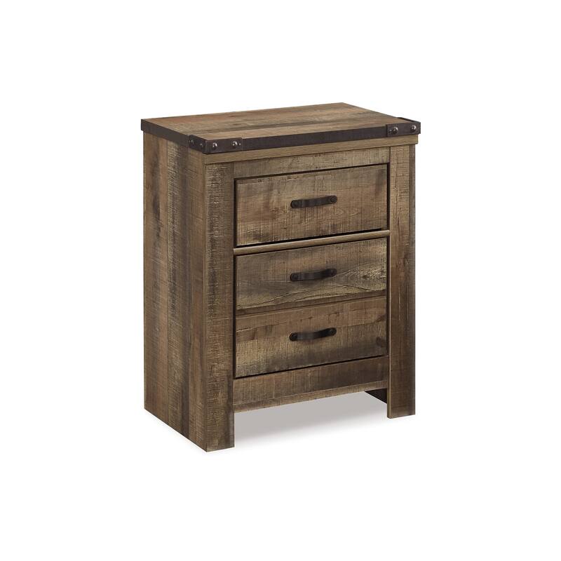Zoey Nightstand w 2 Drawers, USB Port, Rustic Brown Plank Details