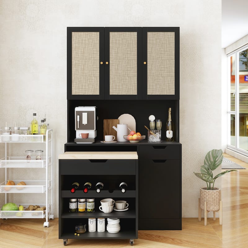 Tall Kitchen Pantry Storage Cabinet, Buffet Cabinet Sideboard Coffee Bar Cabinet with Kitchen Cart & Microwave Stand