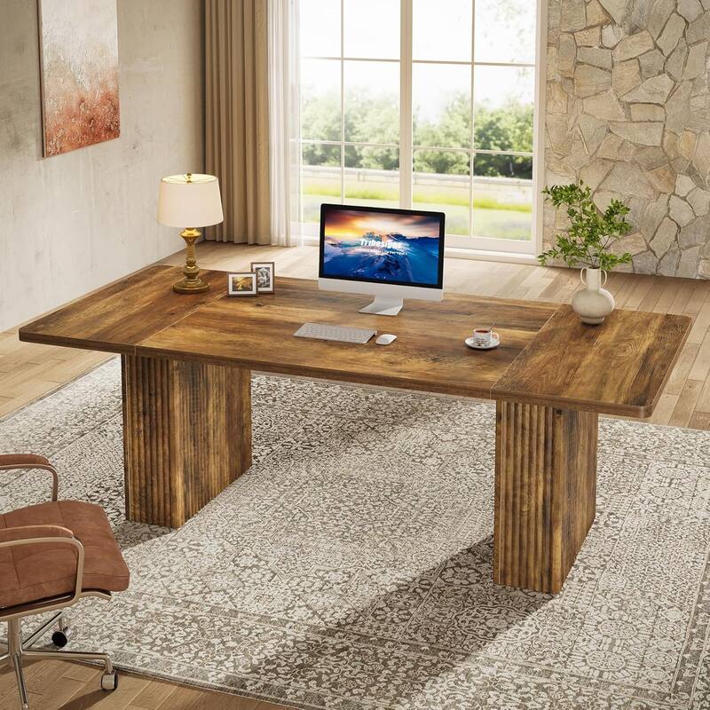 70.1-Inch Executive Desk, Large Computer Desk with Sturdy Fluted Pedestal, Office Table