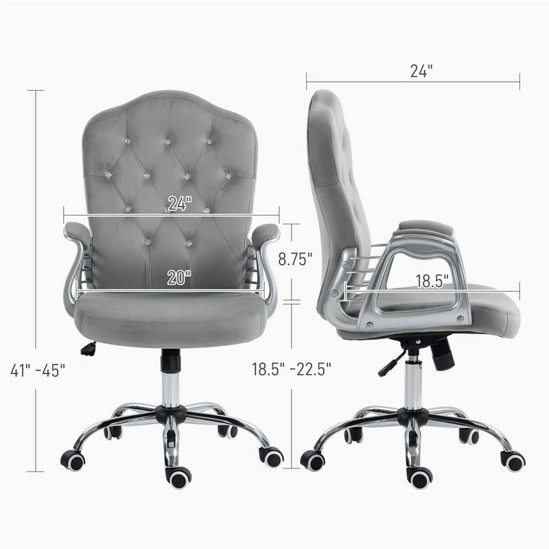 Velvet Tufted Adjustable Height Swivel Office Chair with Crystal Buttons and Tilt Function - 24" W x 24" D x 41" -45" H