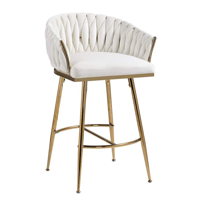26''Counter Height Bar Stools Velvet Kitchen Island Counter Bar Stool With Hand- Wave Back,Golden Chromed Base And Footrest