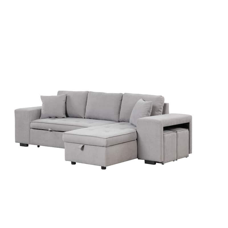 104" Modern L-Shape 3 Seat Reversible Sectional Couch, Pull Out Sleeper Sofa with Storage Chaise and 2 Stools for Living Room Fu