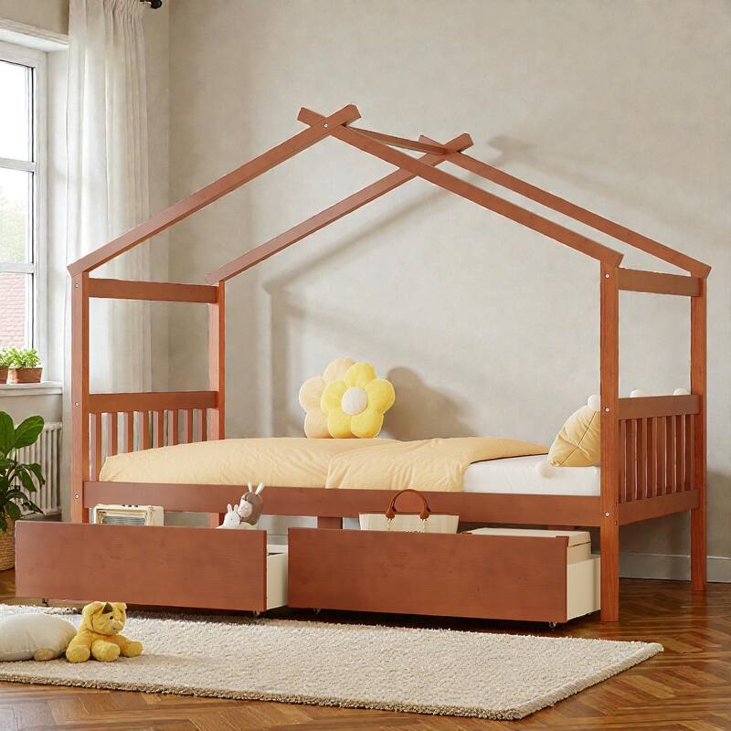 Twin/Full Size Wooden House Bed with Roof and 2 Drawers, Kids Platform Bed with Storage, Solid Pine Frame