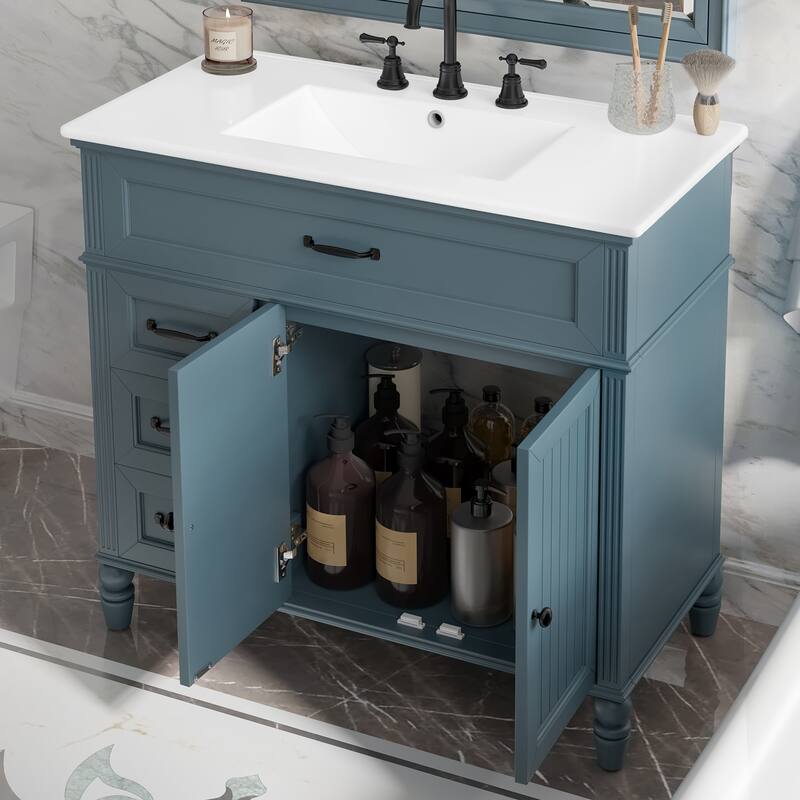 36" Bathroom Vanity with Ceramic Sink Blue Bathroom Cabinet with Drawers