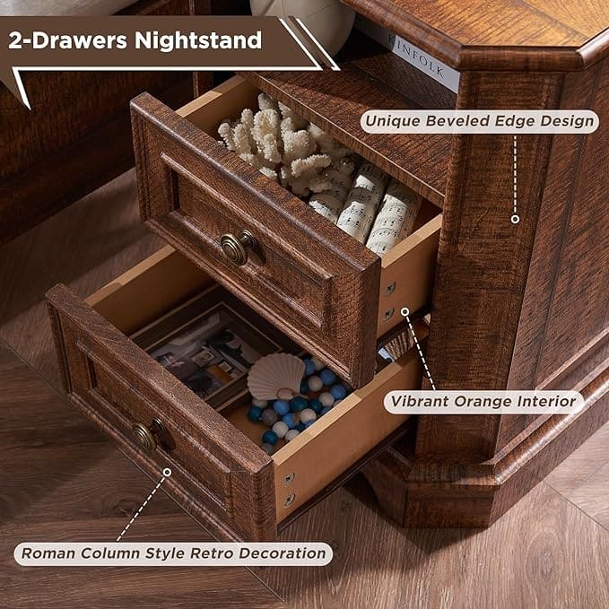 18" Farmhouse Nightstand with Charging Station, End Table,Side Table