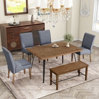 6-Piece Rectangular Dining Table Set w/Upholstered Chairs & Bench - Bed ...