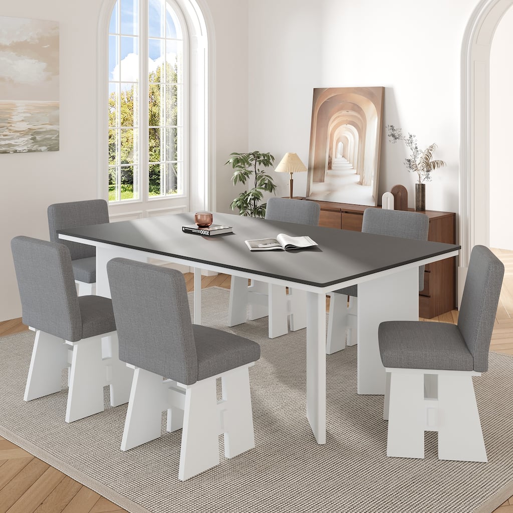 Modern 7-Piece Dining Table Set with 6 Upholstered Dining Chairs, Dark Gray+White