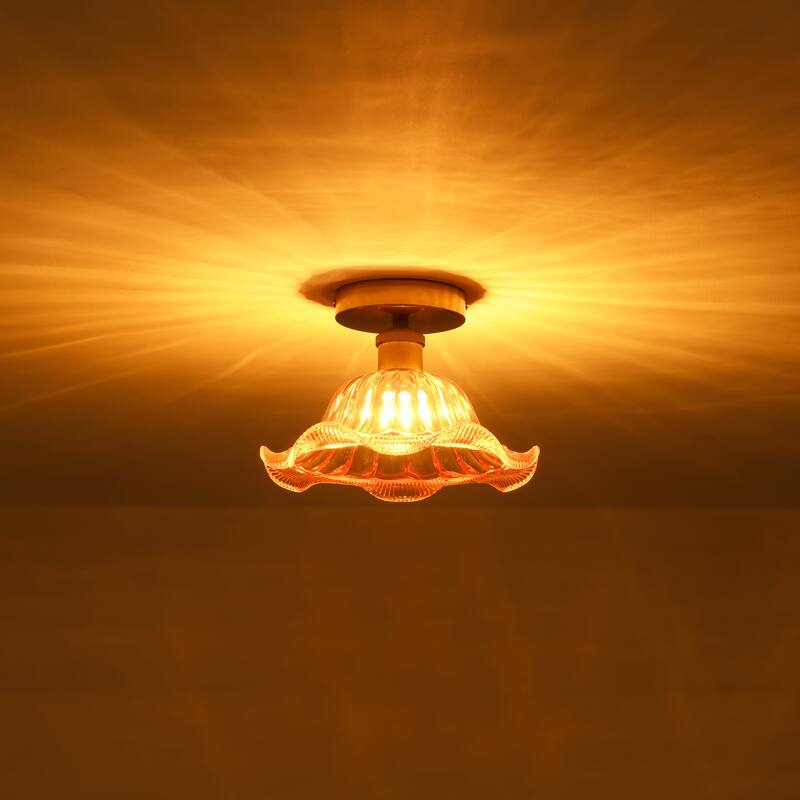1-Light Retro Flower-Shaped Mertal Semi-Flush Mount Ceiling Light with Amber/Green Textured Glass Shade