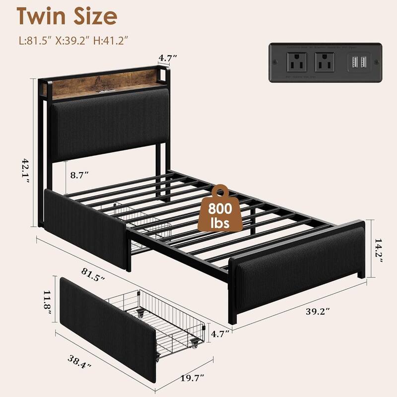Twin Size Platform Bed Frame with 2 Storage Drawers and Charging Station