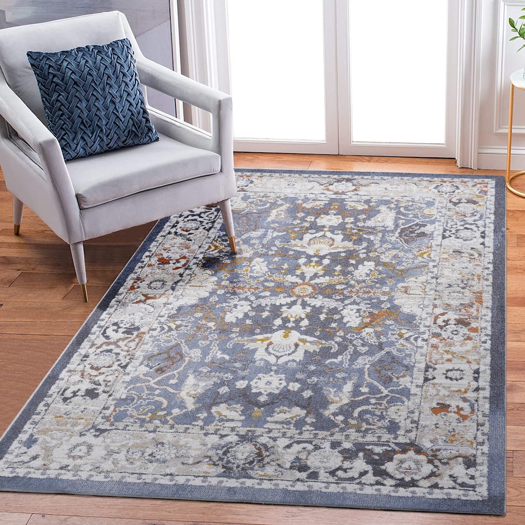 Roomfitters 5x7 Machine Washable Boho Vintage Area Rug, Non-Slip Pet Friendly Indoor Living Room Decor Carpet - Blue - 5' X 7'