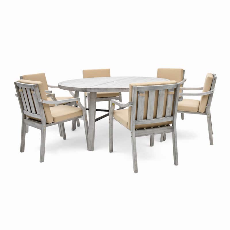 7 Piece Outdoor Wood Dinning Set w/ Umbrella Hole,Removable Cushions