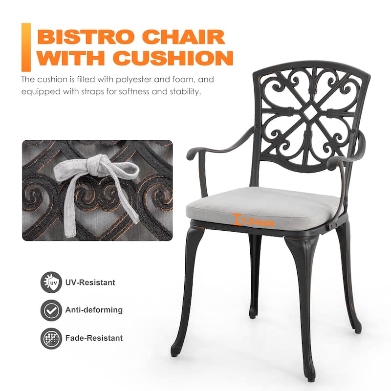 Outdoor 3-Piece Cast Aluminum Patio Set with Cushions and Umbrella Hole