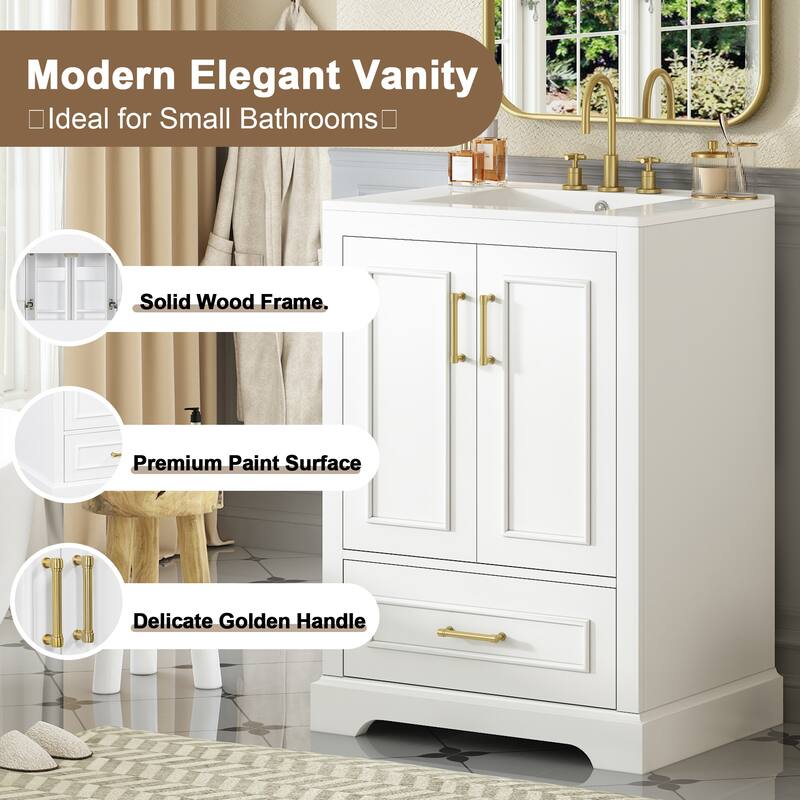 24" Bathroom Vanity with Sink, Solid Wood Frame & MDF, 1 Divided Drawer, 2 Soft-Close Doors with Dual Door Racks