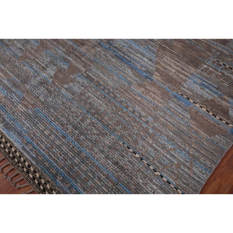 Blue Striped Moroccan Abstract Area Rug Hand-Knotted Wool Carpet - 8'0"x 12'7"