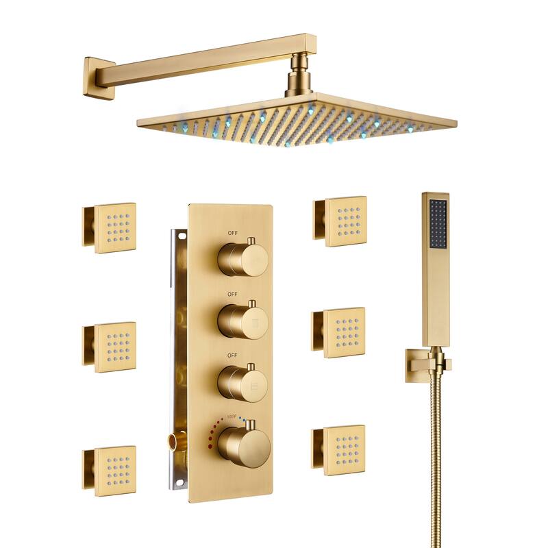 3 Functions Thermostatic LED Light Wall Mounted Shower System - Brushed Gold