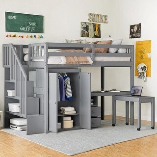 Twin Size Loft Bed with Stairs, Bookshelf, Drawers, Desk & Wardrobe