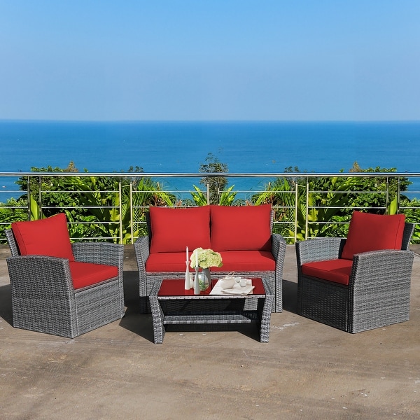 Costway 4PCS Patio Rattan Furniture Set Sofa Table W Storage Shelf