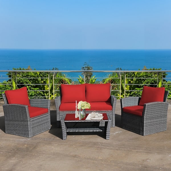 Costway Outdoor Patio Rattan Daybed Thick Pillows Cushioned Sofa Furniture  Red
