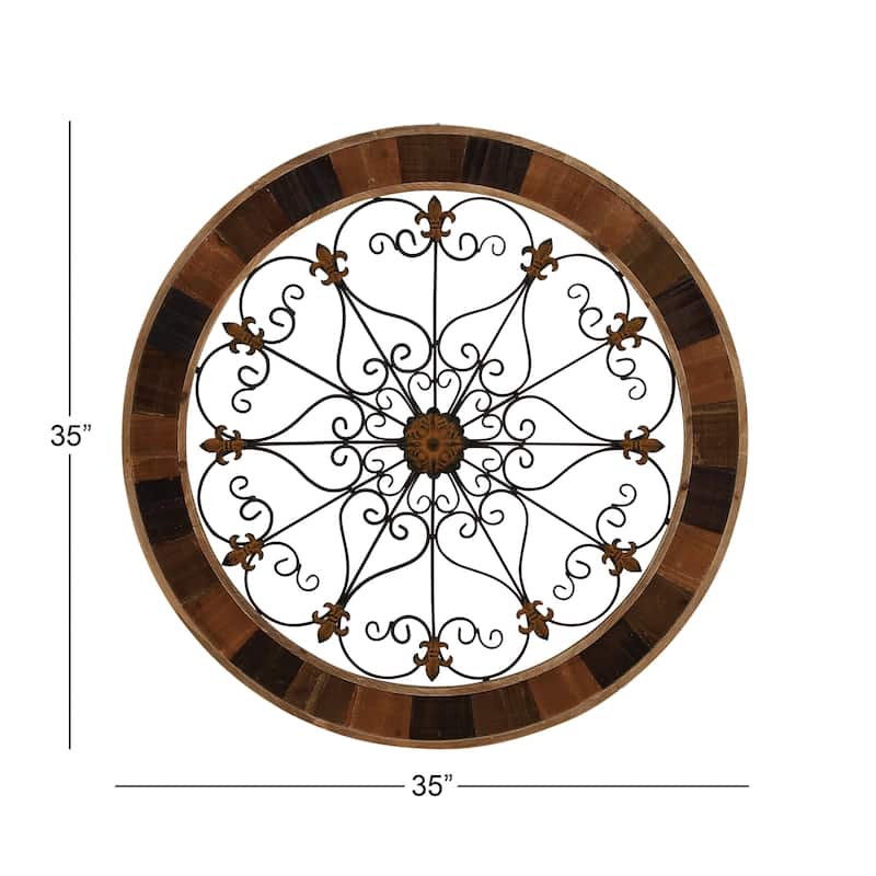 Wood Scroll Medallion Home Wall Decor with Metal Fleur-De-Lis Detail - Brown - Roche River Decor