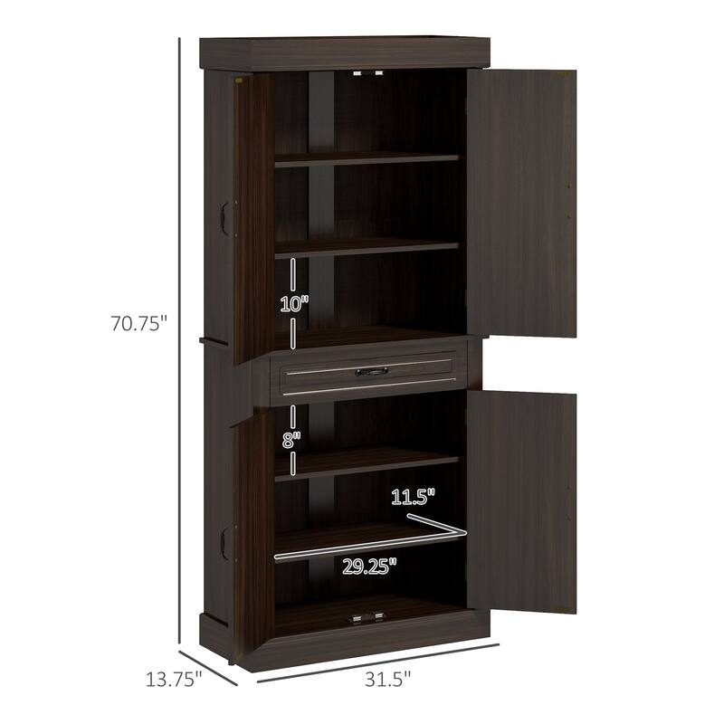 71" Freestanding Kitchen Pantry with 4 Doors and 2 Large Cabinets, Tall Storage Cabinet with Wide Drawer for Dining Room, Coffee