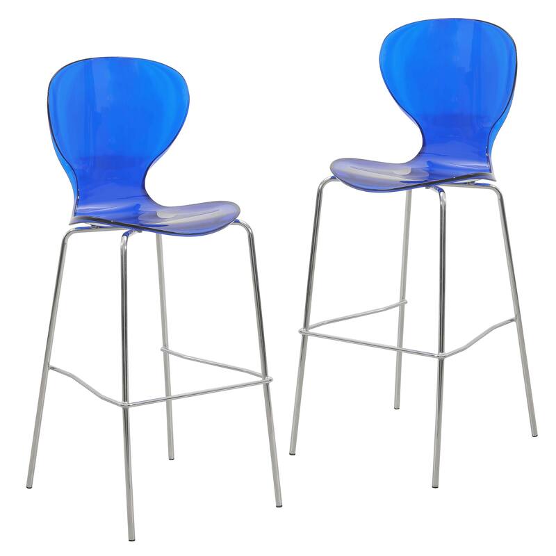 Acrylic Barstool with Steel Frame in Chrome Finish Oyster Series Set of 2 - Transparent Blue
