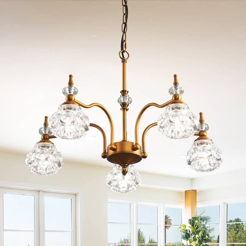 Modern Crystal Glass Shade 5-Light Chandelier - Gold